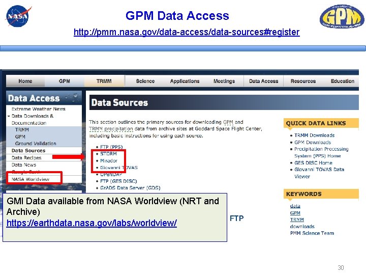 GPM Data Access http: //pmm. nasa. gov/data-access/data-sources#register GMI Data available from NASA Worldview (NRT GPM Data Access http: //pmm. nasa. gov/data-access/data-sources#register GMI Data available from NASA Worldview (NRT