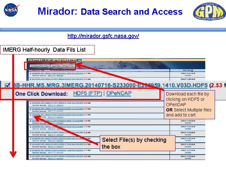 Mirador: Data Search and Access http: //mirador. gsfc. nasa. gov/ IMERG Half-hourly Data Fils Mirador: Data Search and Access http: //mirador. gsfc. nasa. gov/ IMERG Half-hourly Data Fils