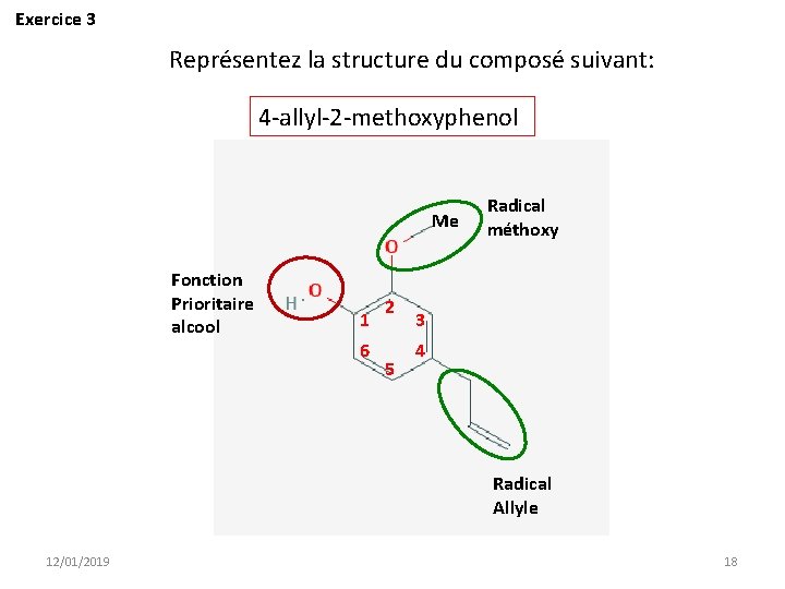 Exercice 3 Représentez la structure du composé suivant: 4 -allyl-2 -methoxyphenol Me Fonction Prioritaire