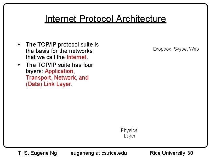 Internet Protocol Architecture • The TCP/IP protocol suite is the basis for the networks