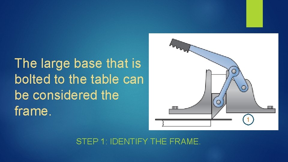 The large base that is bolted to the table can be considered the frame.