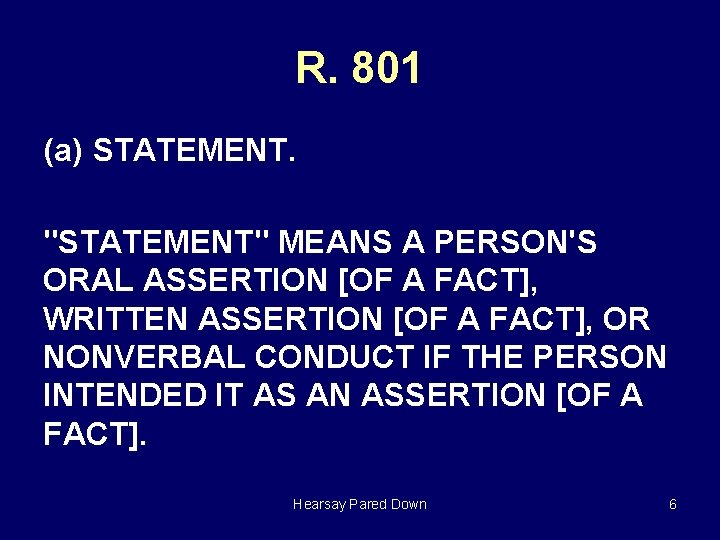 R. 801 (a) STATEMENT. "STATEMENT" MEANS A PERSON'S ORAL ASSERTION [OF A FACT], WRITTEN