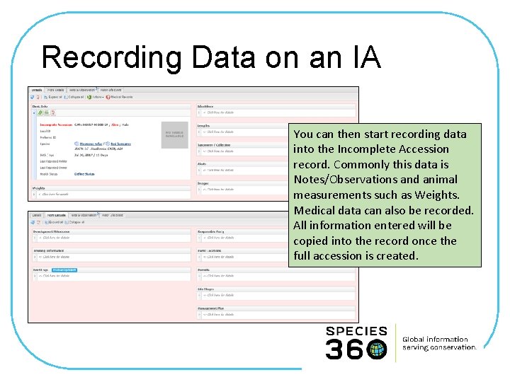 Recording Data on an IA You can then start recording data into the Incomplete