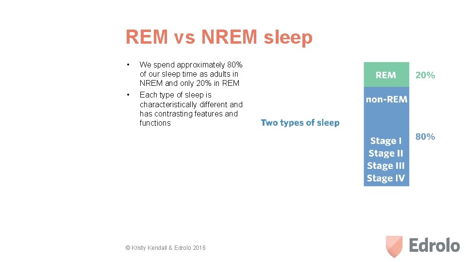 REM vs NREM sleep • We spend approximately 80% of our sleep time as