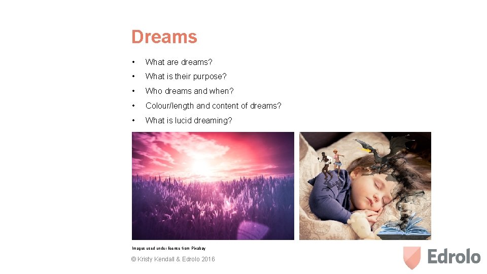 Dreams • What are dreams? • What is their purpose? • Who dreams and