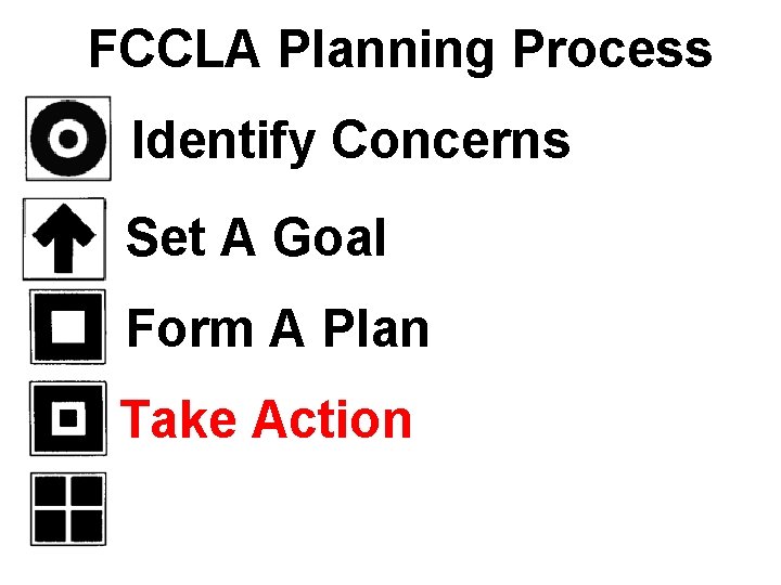 FCCLA Planning Process Identify Concerns Set A Goal Form A Plan Take Action 