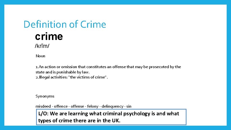 Definition of Crime crime /krīm/ Noun 1. An action or omission that constitutes an