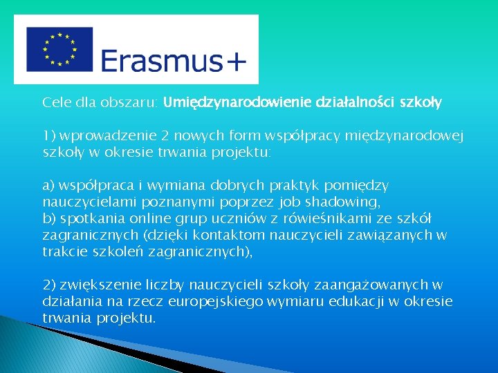 Cele dla obszaru: Umiędzynarodowienie działalności szkoły 1) wprowadzenie 2 nowych form współpracy międzynarodowej szkoły