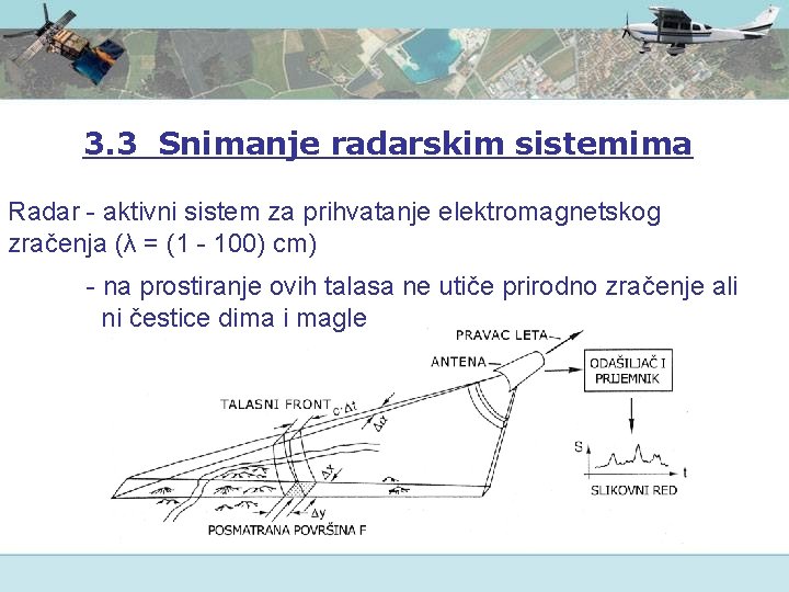 3. 3 Snimanje radarskim sistemima Radar - aktivni sistem za prihvatanje elektromagnetskog zračenja (λ