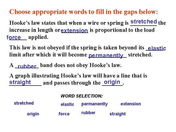 Choose appropriate words to fill in the gaps below: stretched the Hooke’s law states