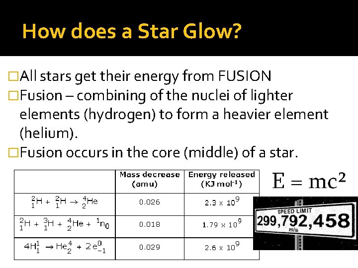 How does a Star Glow? �All stars get their energy from FUSION �Fusion –