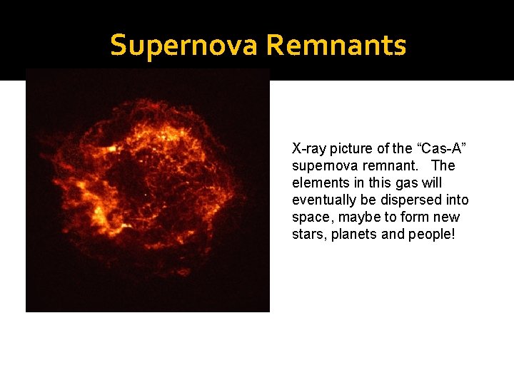 Supernova Remnants X-ray picture of the “Cas-A” supernova remnant. The elements in this gas