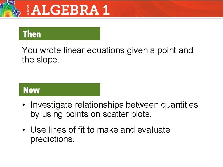 You wrote linear equations given a point and the slope. • Investigate relationships between