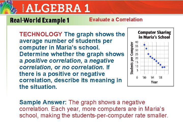 Evaluate a Correlation TECHNOLOGY The graph shows the average number of students per computer