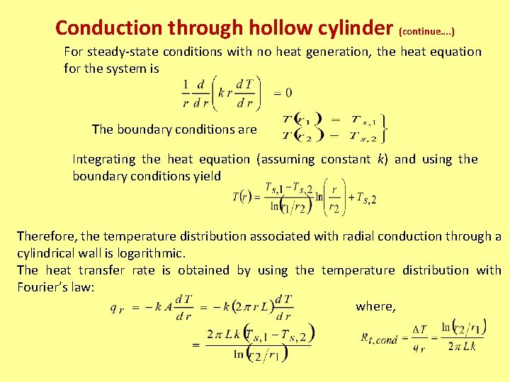 Conduction through hollow cylinder (continue…. ) For steady-state conditions with no heat generation, the