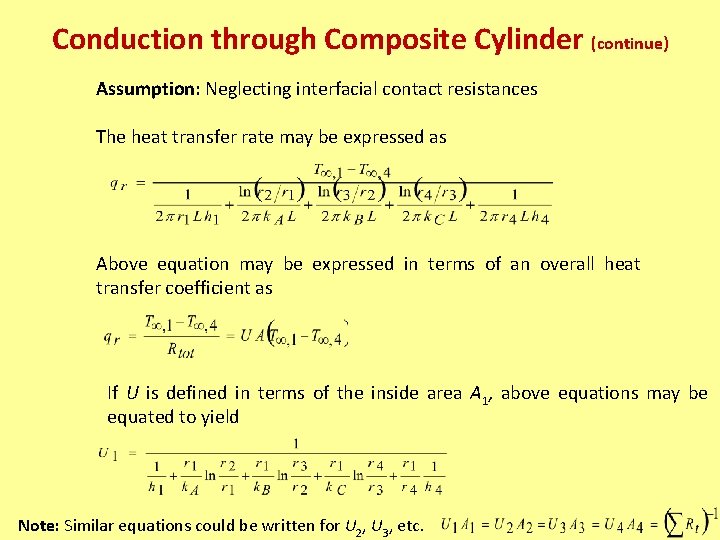 Conduction through Composite Cylinder (continue) Assumption: Neglecting interfacial contact resistances The heat transfer rate