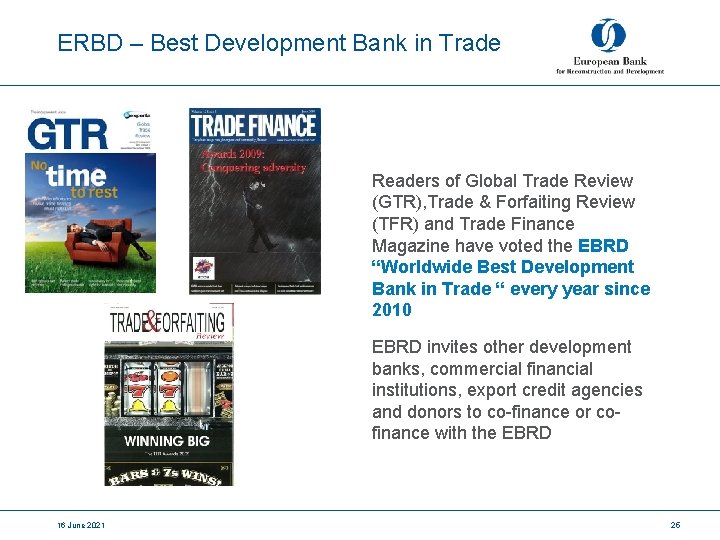 ERBD – Best Development Bank in Trade Readers of Global Trade Review (GTR), Trade