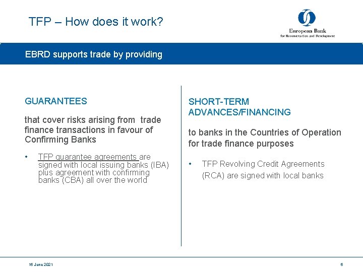 TFP – How does it work? EBRD supports trade by providing GUARANTEES that cover