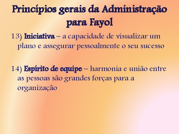 Princípios gerais da Administração para Fayol 13) Iniciativa – a capacidade de visualizar um