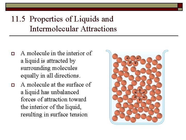 11. 5 Properties of Liquids and Intermolecular Attractions o o A molecule in the
