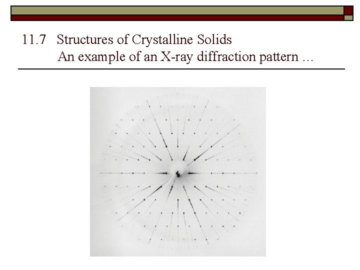 11. 7 Structures of Crystalline Solids An example of an X-ray diffraction pattern …