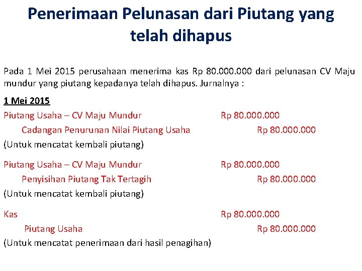 Penerimaan Pelunasan dari Piutang yang telah dihapus Pada 1 Mei 2015 perusahaan menerima kas