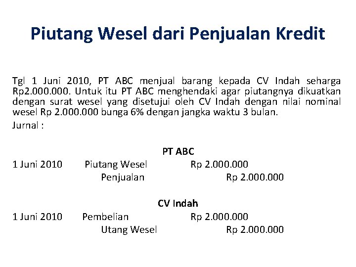 Piutang Wesel dari Penjualan Kredit Tgl 1 Juni 2010, PT ABC menjual barang kepada