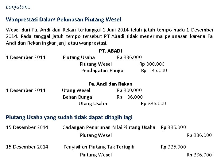 Lanjutan… Wanprestasi Dalam Pelunasan Piutang Wesel dari Fa. Andi dan Rekan tertanggal 1 Juni