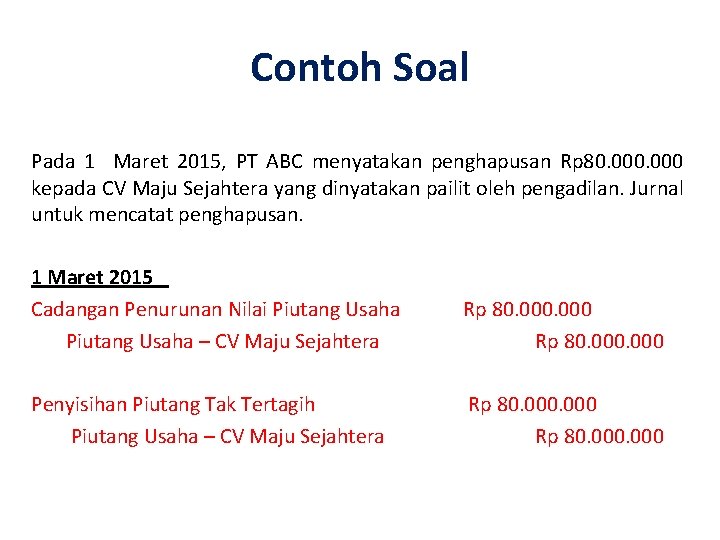 Contoh Soal Pada 1 Maret 2015, PT ABC menyatakan penghapusan Rp 80. 000 kepada