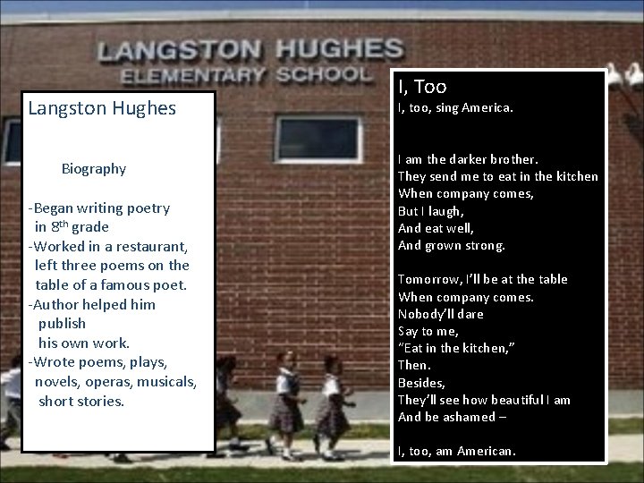 Langston Hughes Biography -Began writing poetry in 8 th grade -Worked in a restaurant,