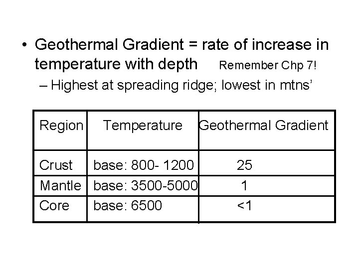  • Geothermal Gradient = rate of increase in temperature with depth Remember Chp