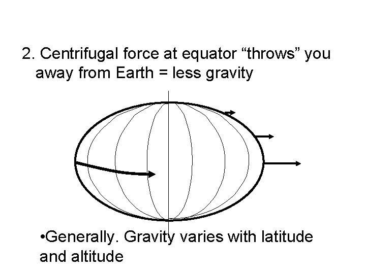 2. Centrifugal force at equator “throws” you away from Earth = less gravity •