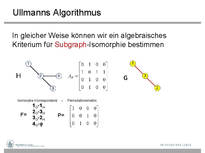 Ullmanns Algorithmus In gleicher Weise können wir ein algebraisches Kriterium für Subgraph-Isomorphie bestimmen Isomorphe