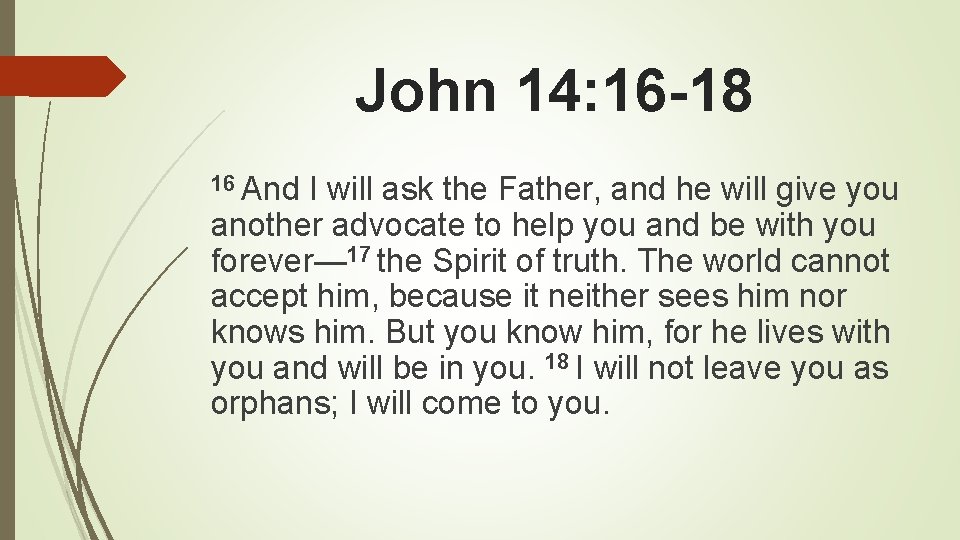John 14: 16 -18 16 And I will ask the Father, and he will