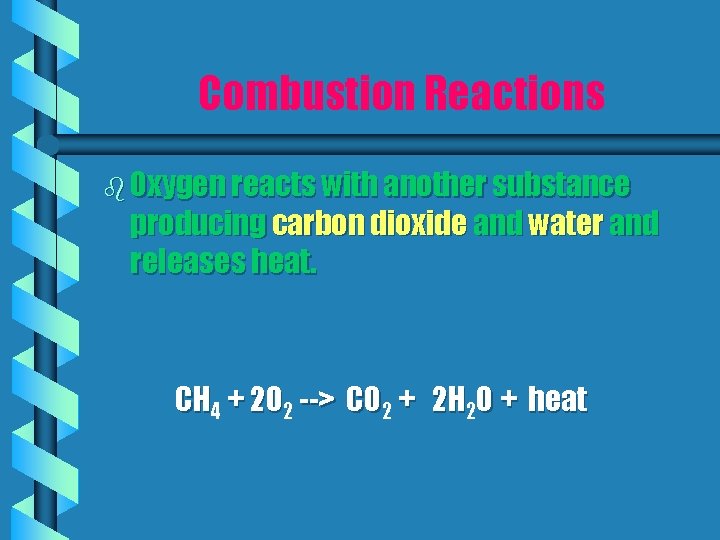 Combustion Reactions b Oxygen reacts with another substance producing carbon dioxide and water and