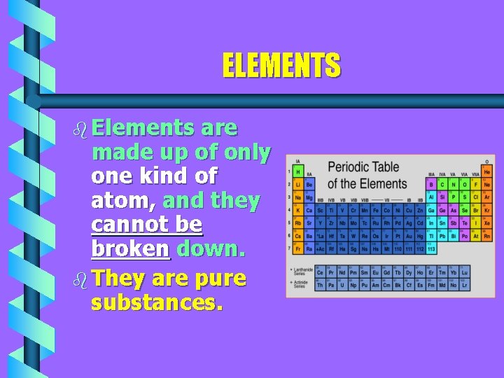 ELEMENTS b Elements are made up of only one kind of atom, and they