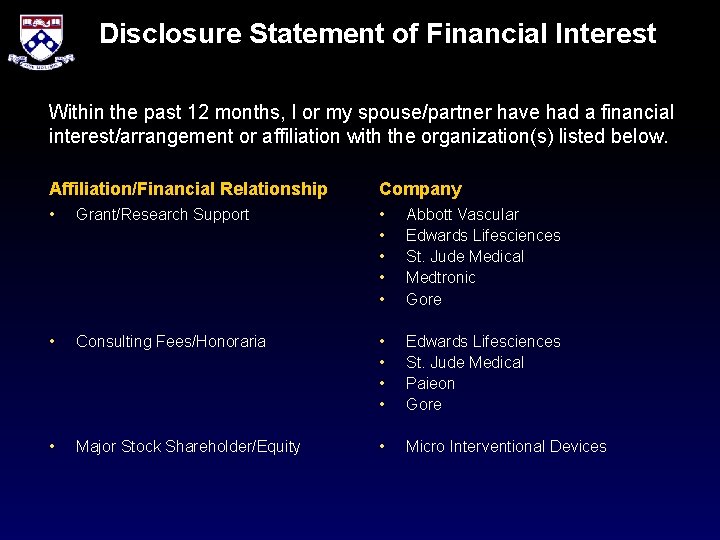 Disclosure Statement of Financial Interest Within the past 12 months, I or my spouse/partner