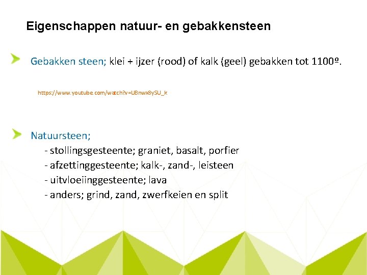 Eigenschappen natuur- en gebakkensteen Gebakken steen; klei + ijzer (rood) of kalk (geel) gebakken