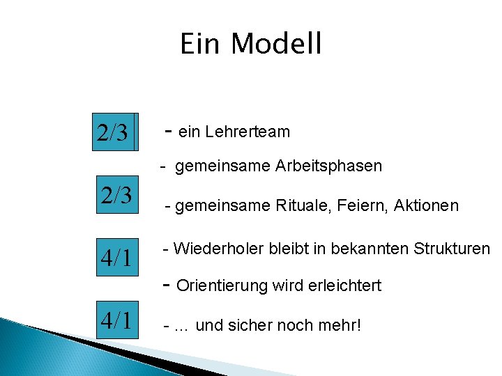 Ein Modell 2/3 - ein Lehrerteam - gemeinsame Arbeitsphasen 2/3 4/1 - gemeinsame Rituale,