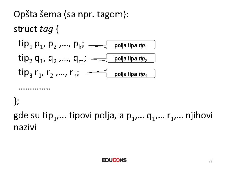 Opšta šema (sa npr. tagom): struct tag { tip 1 p 1, p 2