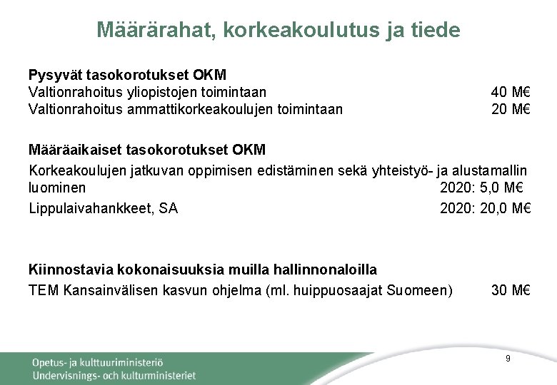 Määrärahat, korkeakoulutus ja tiede Pysyvät tasokorotukset OKM Valtionrahoitus yliopistojen toimintaan Valtionrahoitus ammattikorkeakoulujen toimintaan 40