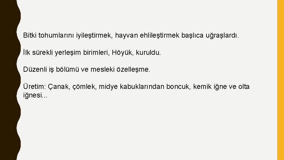 Bitki tohumlarını iyileştirmek, hayvan ehlileştirmek başlıca uğraşlardı. İlk sürekli yerleşim birimleri, Höyük, kuruldu. Düzenli