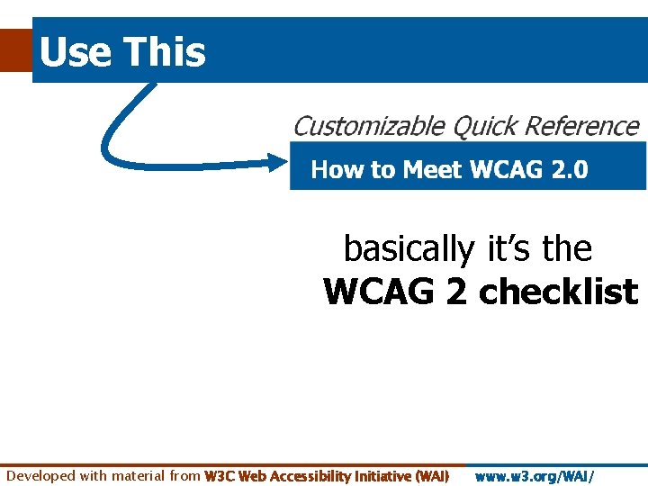 Use This basically it’s the WCAG 2 checklist Developed with material from W 3