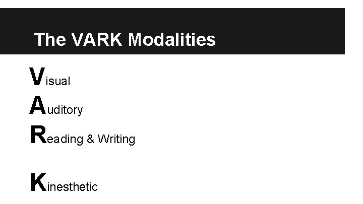 The VARK Modalities Visual Auditory Reading & Writing Kinesthetic 