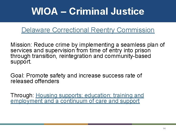 WIOA – Criminal Justice Delaware Correctional Reentry Commission Mission: Reduce crime by implementing a WIOA – Criminal Justice Delaware Correctional Reentry Commission Mission: Reduce crime by implementing a