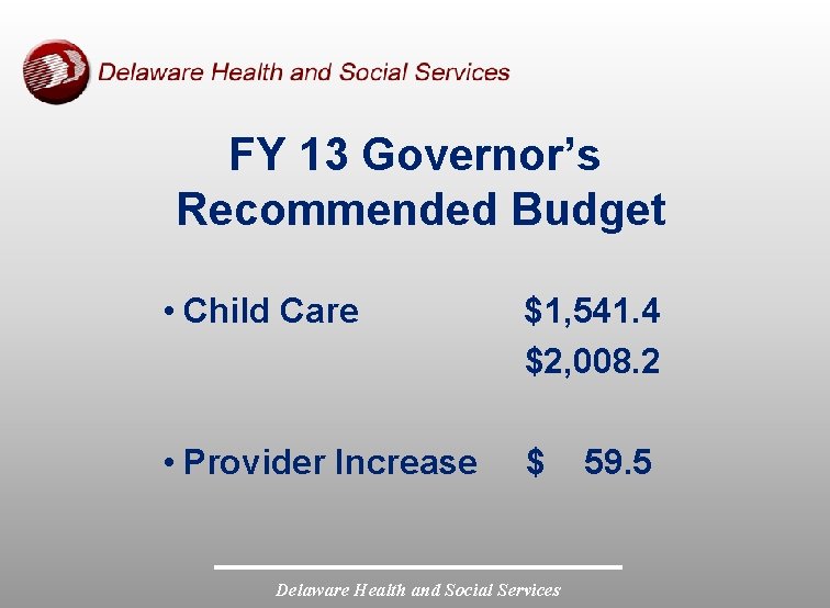FY 13 Governor’s Recommended Budget • Child Care $1, 541. 4 $2, 008. 2
