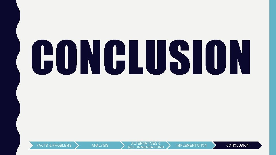 CONCLUSION FACTS & PROBLEMS ANALYSIS ALTERNATIVES & RECOMMENDATIONS IMPLEMENTATION CONCLUSION 