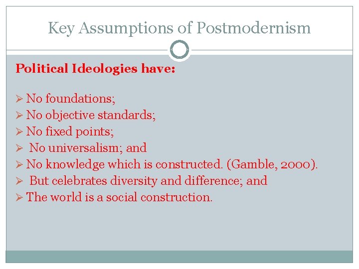 Key Assumptions of Postmodernism Political Ideologies have: Ø No foundations; Ø No objective standards;