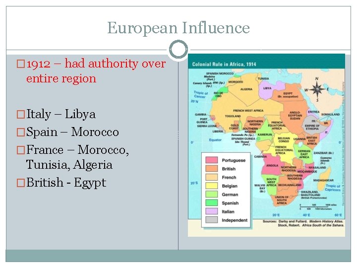 European Influence � 1912 – had authority over entire region �Italy – Libya �Spain