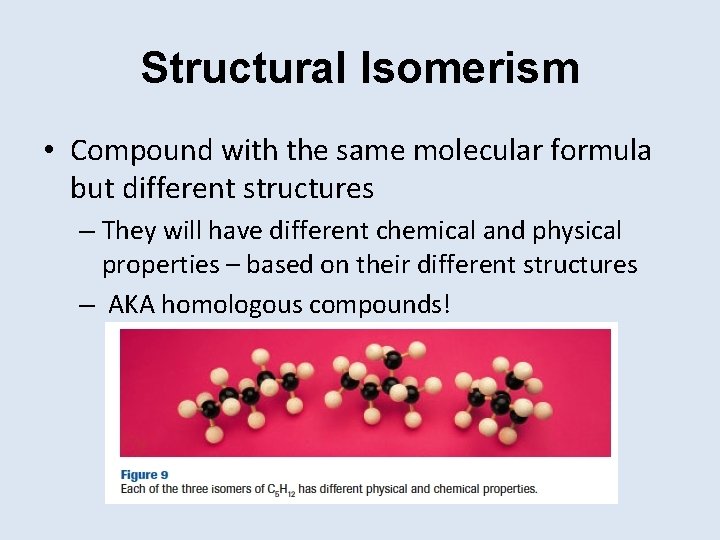 Structural Isomerism • Compound with the same molecular formula but different structures – They